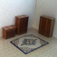 Self Assembly  Wardrobe, Chest of Drawers with wood pattern & Printed Carpet Maquette