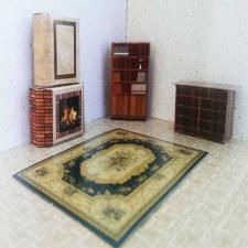 Self Assembly Fireplace, Bookcase, Chest of Drawers with wood pattern & Printed Carpet Maquette